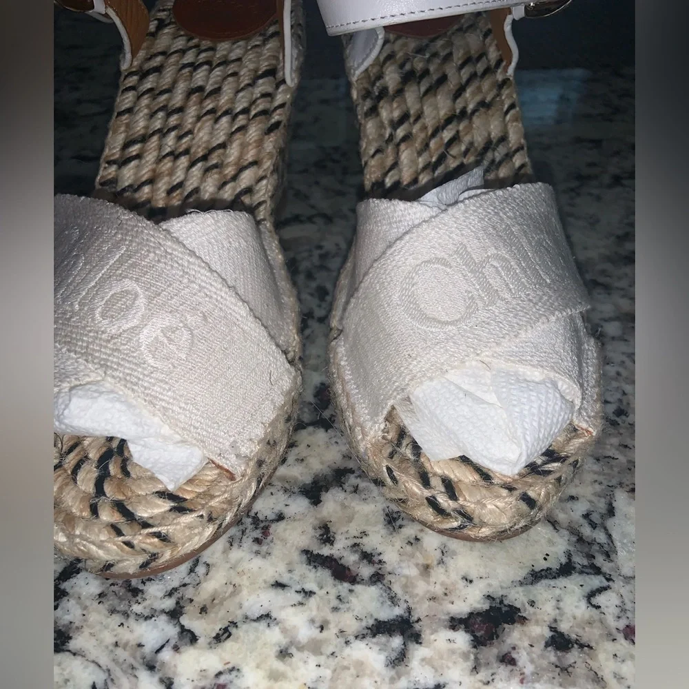 CHLOE Pila leather and canvas wedge espadrilles white / cream logo resort nwot